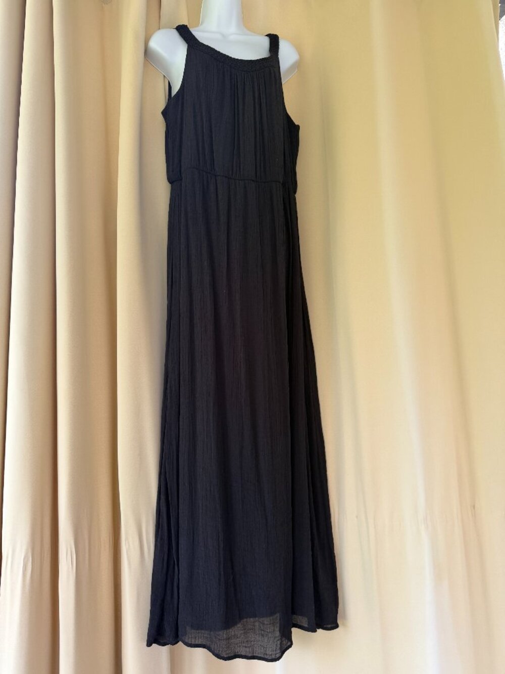 Women's Black Maxi Dress Boho Crinkle Gauze Braided Neckline Lined Flowy XL